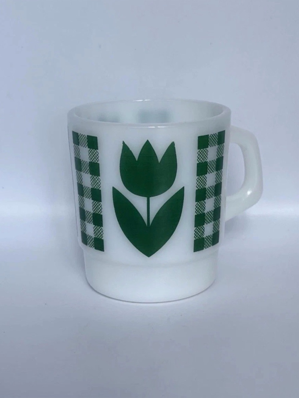 Vintage Termocrisa White Milk Glass Mug with Green Tulip & Gingham Stackable